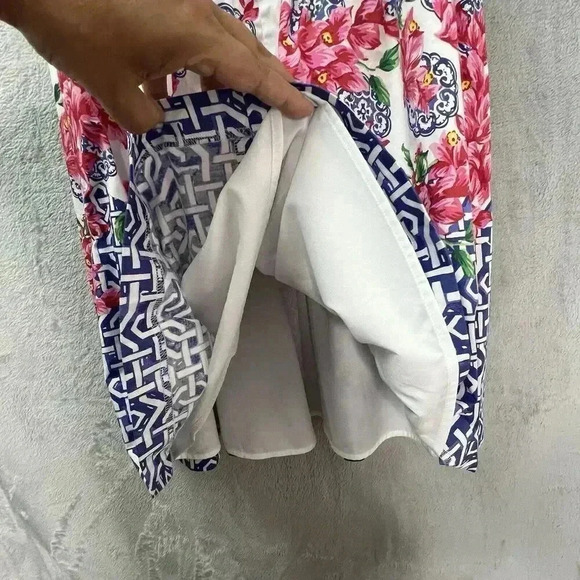 Talbot Mosaic Floral Sateen Fit & Flare Pink Blue Pleated Dress Knee Length Sz 8 - Picture 11 of 16